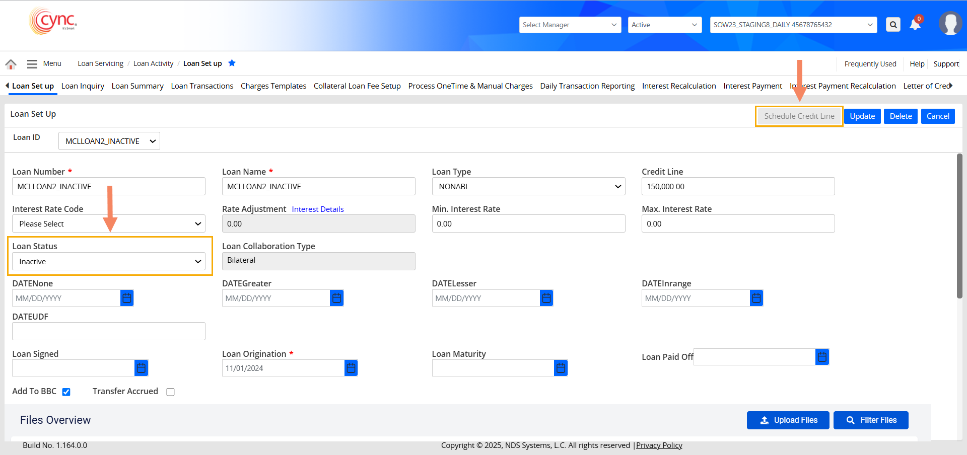 Schedule Credit Line Inactive Loan - Disabled button